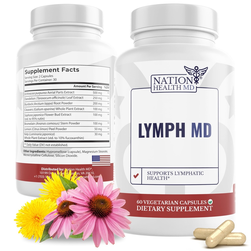 Limph MD - Limphatic Drainage Supliment - cu Bromelain, Echinacea, Brodock Root, Dandelion, Rutin, Kelp & More - Limph System Support for Women & Men - 60 Capsule