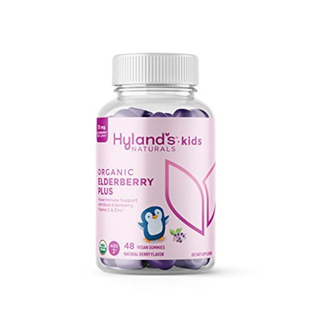 Hyland's Kids Organic Elderberry Plus Gummies, Organic Black Elderberry cu ZINC şi vitamina C, Immune Support pentru copii, 48 Vegan Gummies