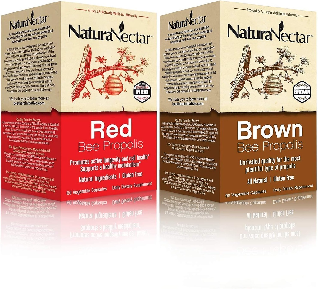 NaturaNectar Natural Bee Propolis Bundle - Red Propolis și Brown Propolis - pentru sprijin imun, sănătate respiratorie și metabolism sănătos - 60 capsule per flacon