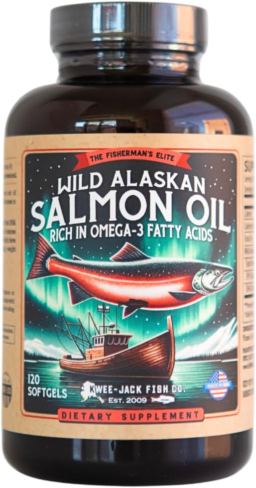 Wild Alaskan Salmon Fish Oil Omega 3 Supplement for Humans | EPA and DHA | Kwee-Jack Fish Co. | 120 Softgels 1000mg Salmon Oil