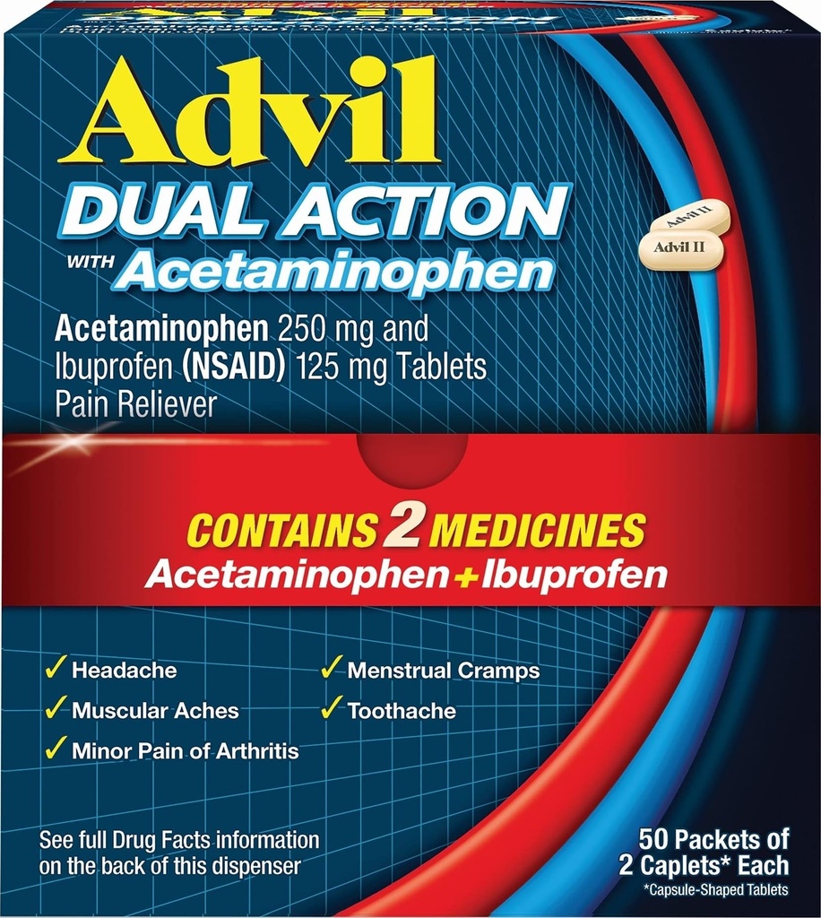 Advil Caplete cu acţiune dublă cu Acetaminofen, 250 Mg Ibuprofen şi 500 Mg Acetaminofen per doză (2 doză echivalentă) pentru 8 ore de calmare a durerii - 2 Conte x 50