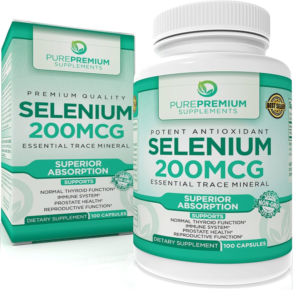 PurePremiu Seleniu 200mcg Supliment - L Selenometionină Essential Mineral - Suport zilnic pentru Tiroida Normala, Sistem Imun