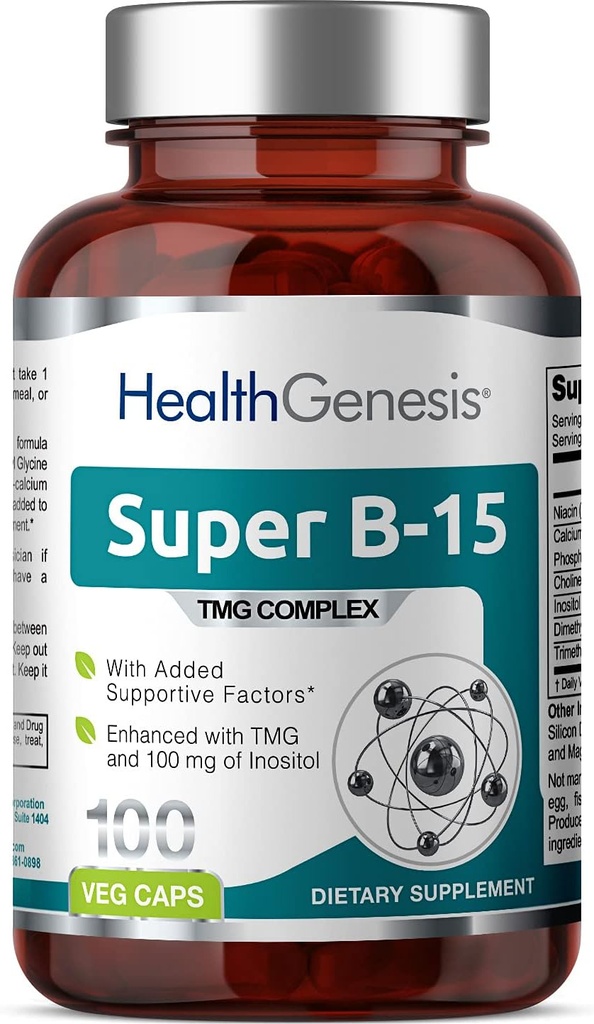 Super B-15 100 Vcaps - Niacin Calciu colină Inositol DMG TMG - Sprijină niveluri sănătoase de oxigen de energie