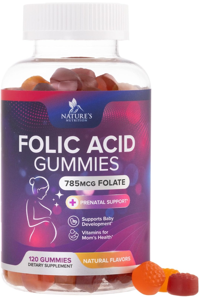 Gume de acid folic pentru femei 785 mcg, Vitamine prenatale esentiale pentru mama si copil, Vegan supliment folicular Gummy, Daily Vitamina B9 surplus de putere Folat, înainte de timpul sarcinii - 120 gume