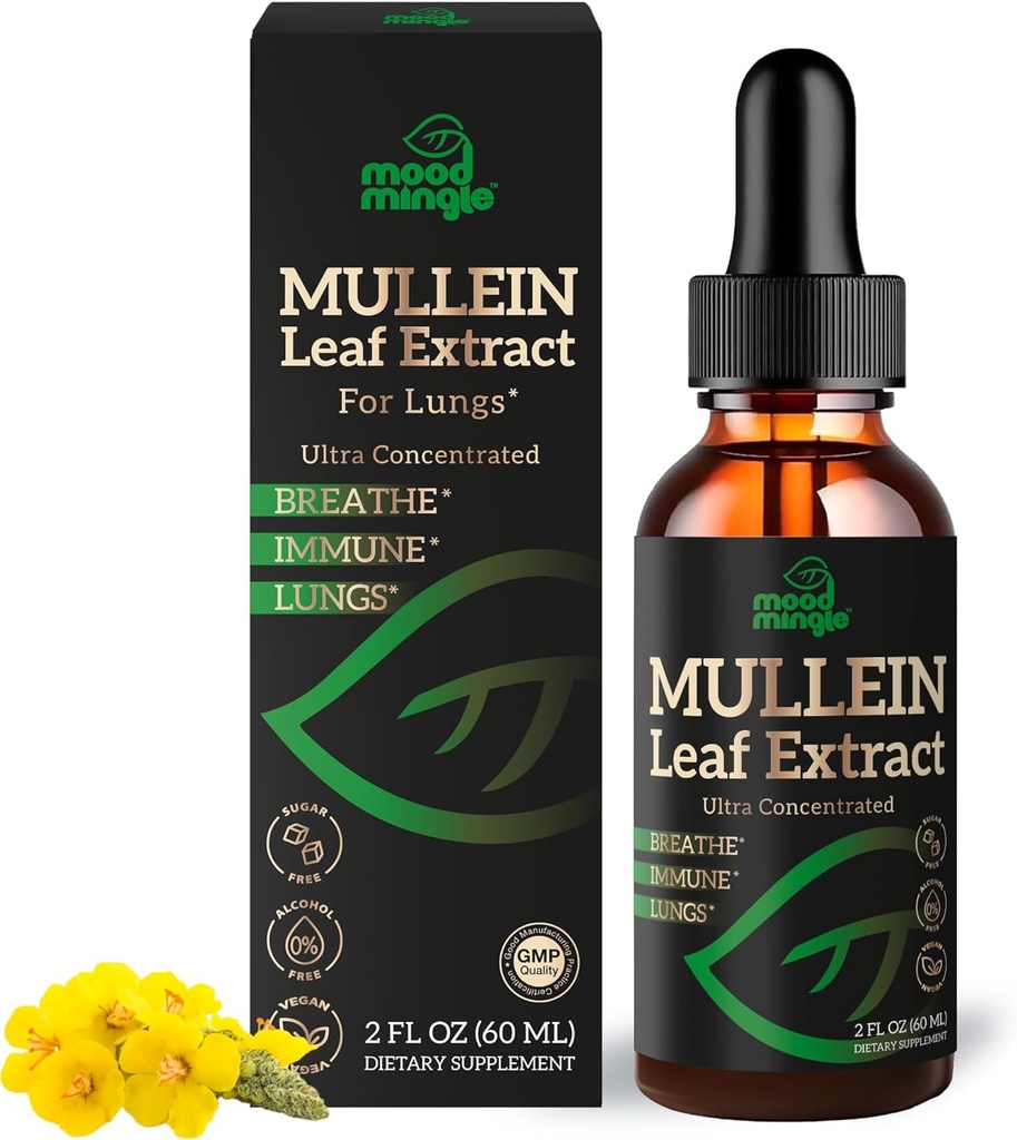 Mullein Leaf Extract pentru plămâni - Mullein picături pentru asistență de sănătate respiratorie Lung Detox Cleanse - Vegan zahăr-Gluten gratuit - supliment lichid pentru bărbați Femei 2fl. oz (60ml) (1 ambalaj)