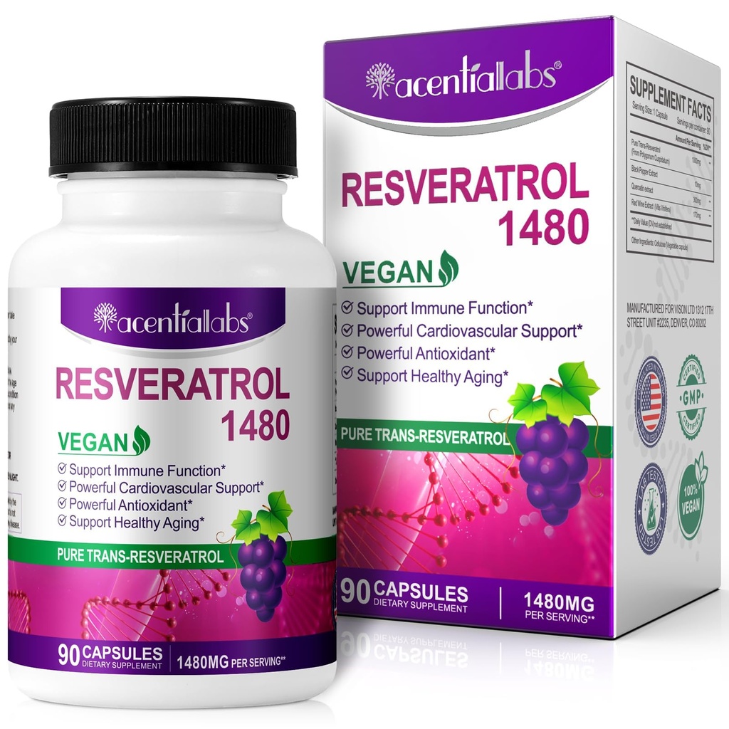 100% Resveratrol natural - 1480 mg per servire, 90 Capsule vegetale, 99% Trans-Resveratrol pur, Antioxidant pentru imbatranire sanatoasa, Brain & inima suport