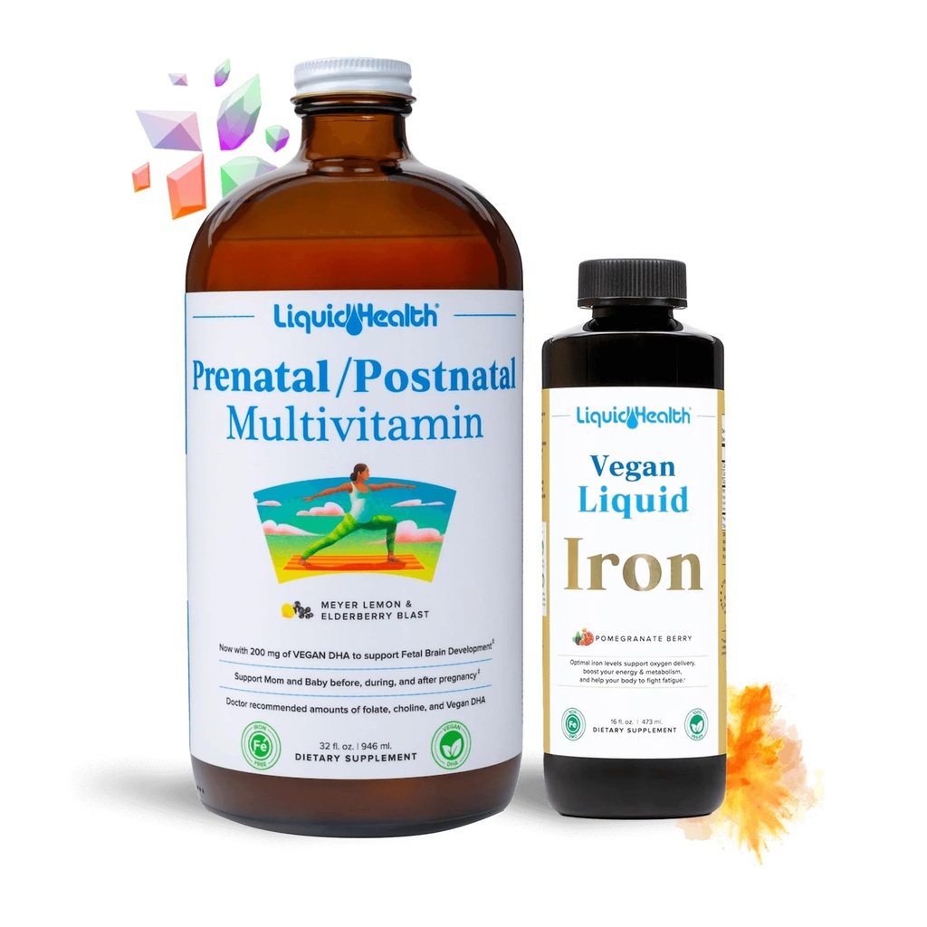 LIQUIDHEALTH Booster copil prenatal Sarcina Vitamina Bundle - Vegan Femei Prenatal / postnatal Multivitamine cu SunActive & Ferrochel Fier, Folate, Whole Foods - Made in the USA, 100% Vegan (Bundle)