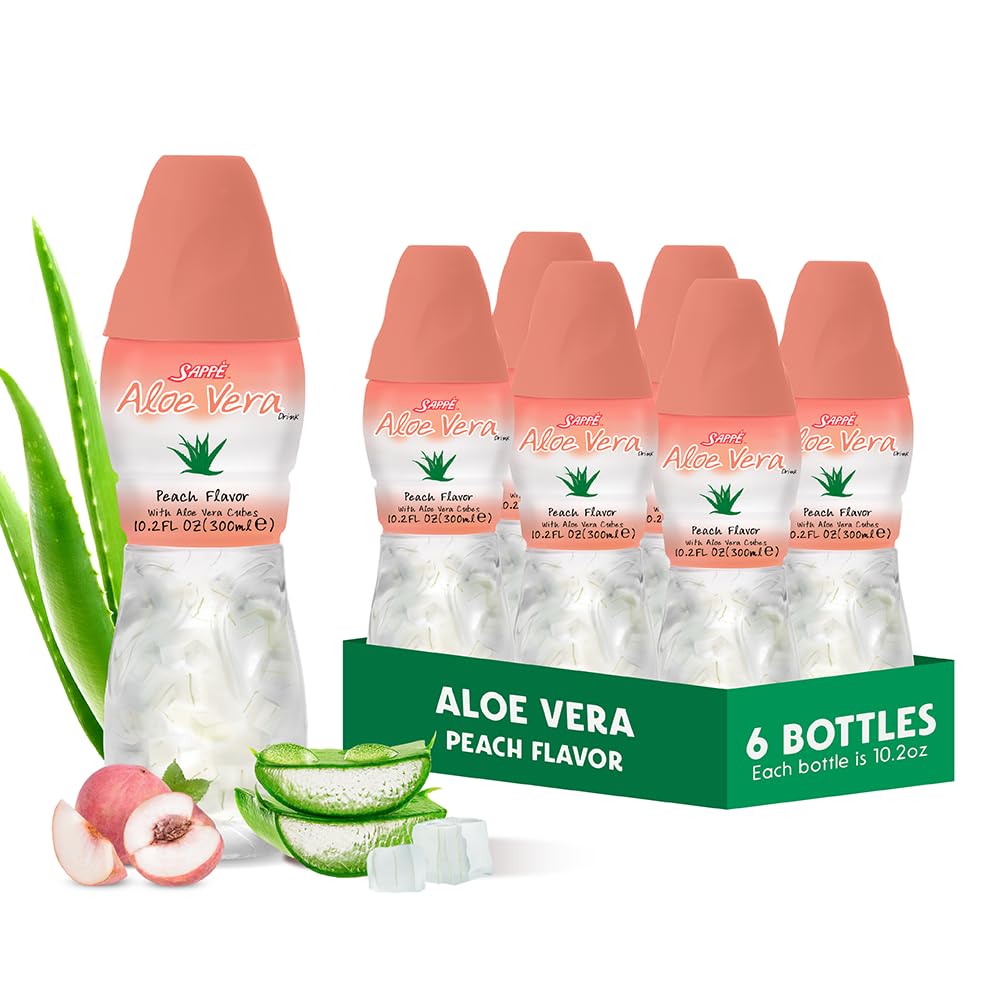 Suc de Aloe vera (Aromatizat cu piersici) cu pulpă de aloe pură mai mare și grasă (6 Pachete) Suc pe bază de plante mare pentru hidratare și conține pastă mare de aloe. Este sănătos pentru adulți și copii