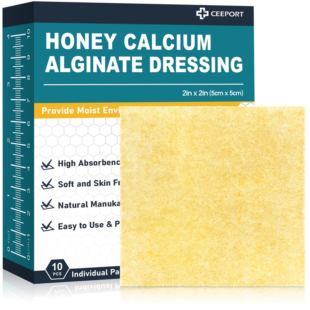 Manuka Honey Calciu Alginate Wound Dressing, 2"x 2" High Absorbence Honey Wound Dressing with Calciu Alginate, Medical Grad Manuka Honey Wound Care Bandaje Patches for Wounds (Pachet de 10)