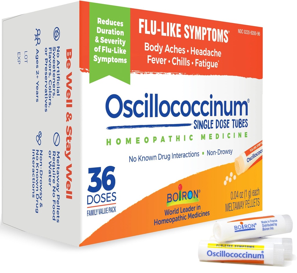 Boiron Oscilloccinum Homeopathic Medicine pentru simptome asemănătoare gripei, alb, 36 Conte
