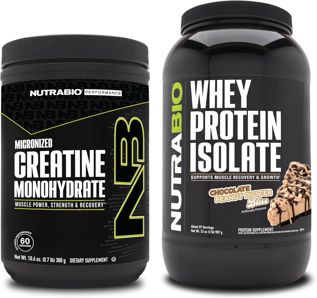 NutraBio Creatina Monohidrat, Nearomate, 300g și Whey Proteine Izolat, Unt de arahide de ciocolată, Supliment Bundle - Energie musculară, creștere musculară Lean, recuperare, și puterea