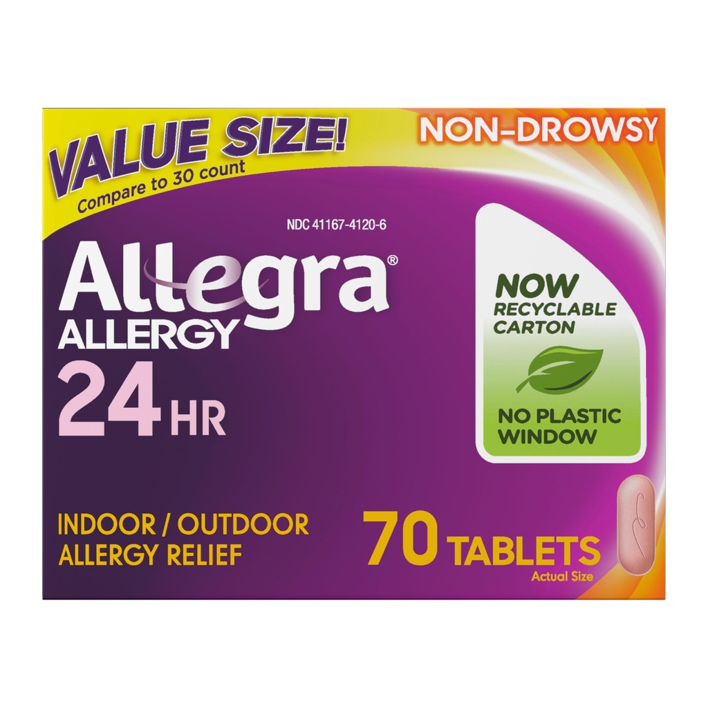 Allegra Adult 24-Hour Allergie comprimate de ajutorare, non-Drowsy Indoor and Outdoor Alergia Medicina, 180 mg Fexofenadină HCI Antihistamina Pilula, 70-conta