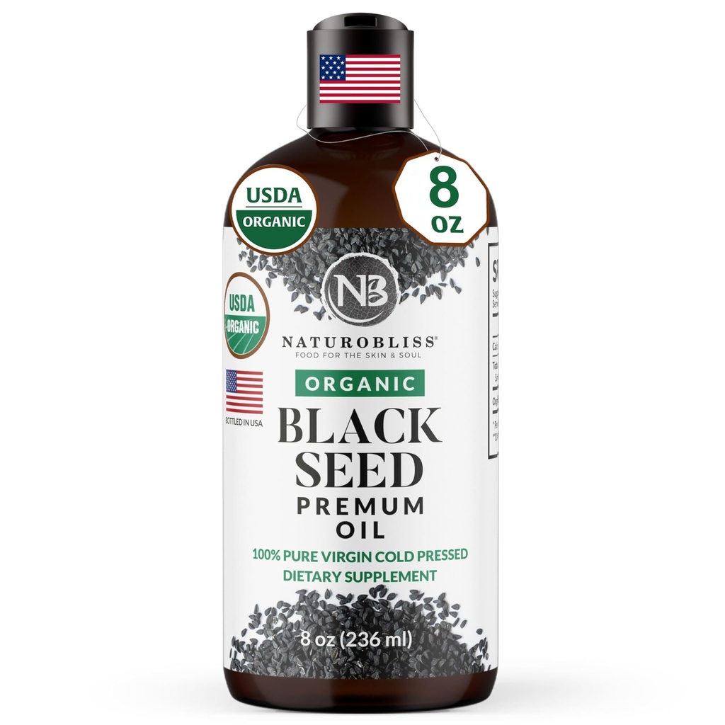 NaturoBliss Organic Black Seed Oil 100 Virgin Cold Presed Omega 3 6 9 Super Antioxidant pentru Suport Imun, Articulații, Mobilitate, Digestion, Hair Skin Vegan, Gluten-Free, Non-GMO USDA Certified 8oz