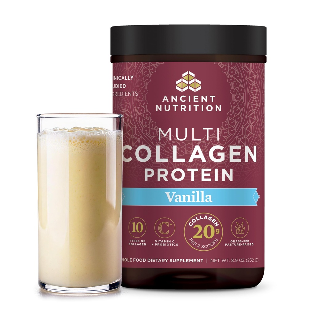 Nutriție antică Colagen Peptides pulbere, Multi Colagen Proteina, Femei și Bărbați, Vitamina C, Probiotice, Hidrolized Colagen, Sprijină Piele, Articulații, Sanatate Gut, Vanilie, 24 Serviri
