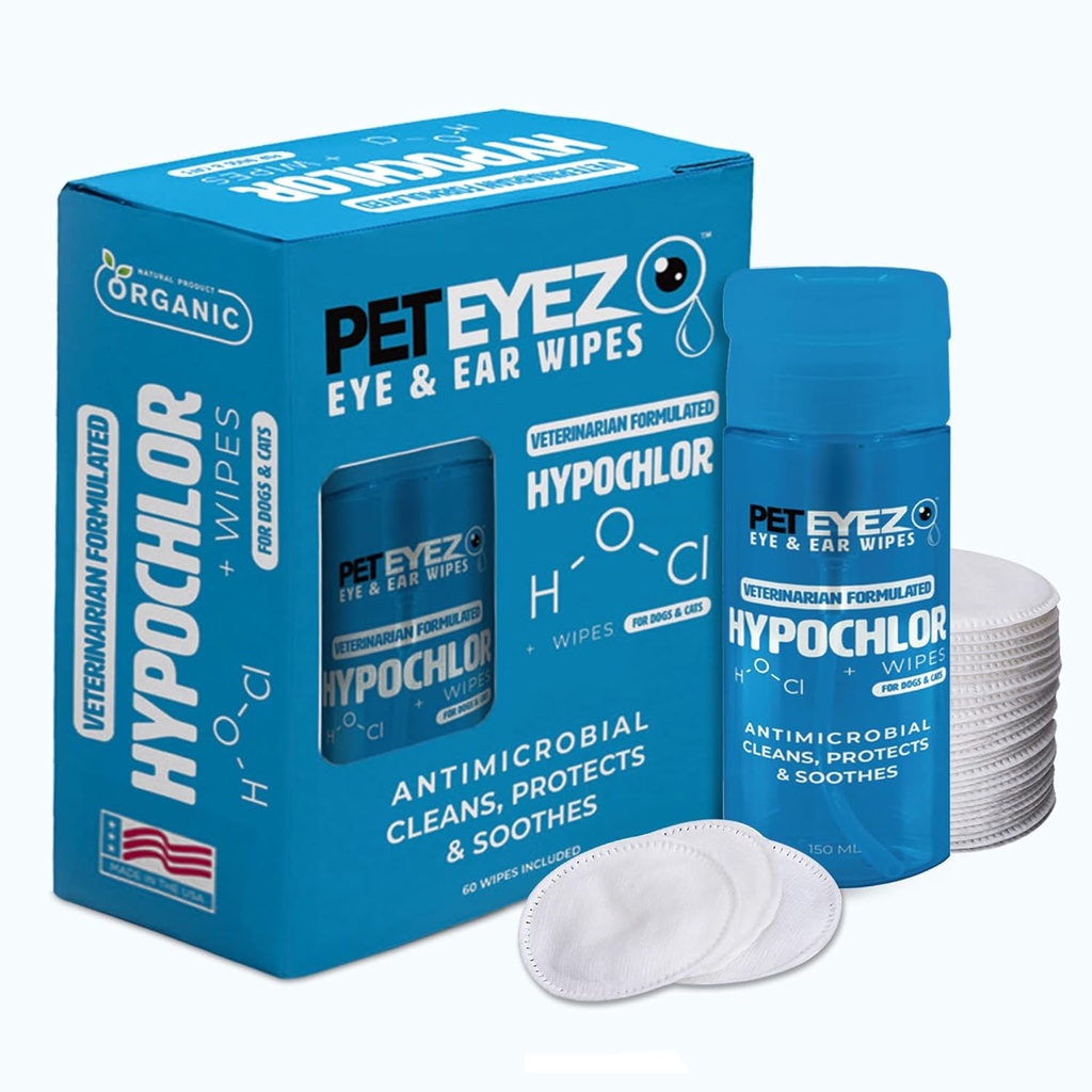 PetEyez Veterinarian Formulated Tear Stain Remover Solutie pentru câini și pisici - Deodorizant hipoallergenic pentru a elimina murdărie, descărcare și Crusta de urechi, ochi, Paws & Butt - 100 Șervețele