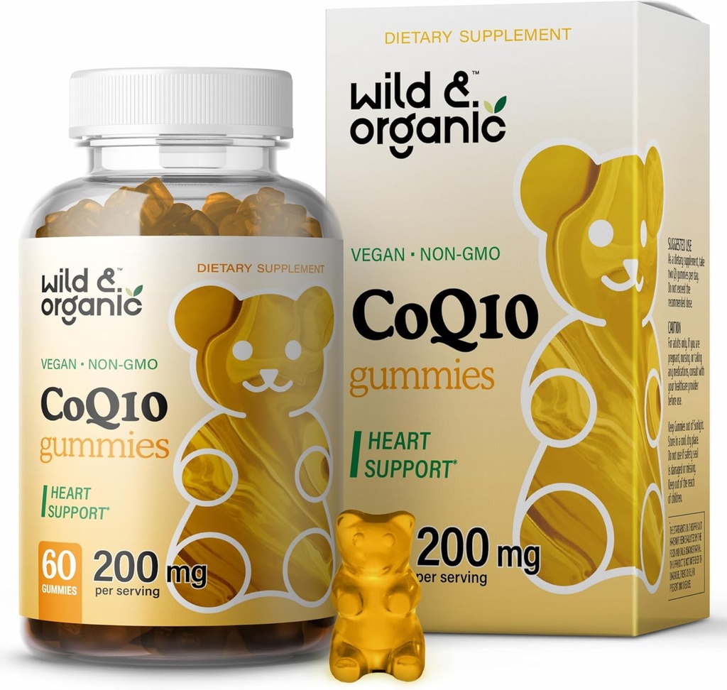 CoQ10 Gume sălbatice și organice - Vegan CoQ10 200mg Supliment antioxidant cu Ubichinonă - Energie naturală și focus Gumies cu Coenzime Q10-60 Pectine non-GMO