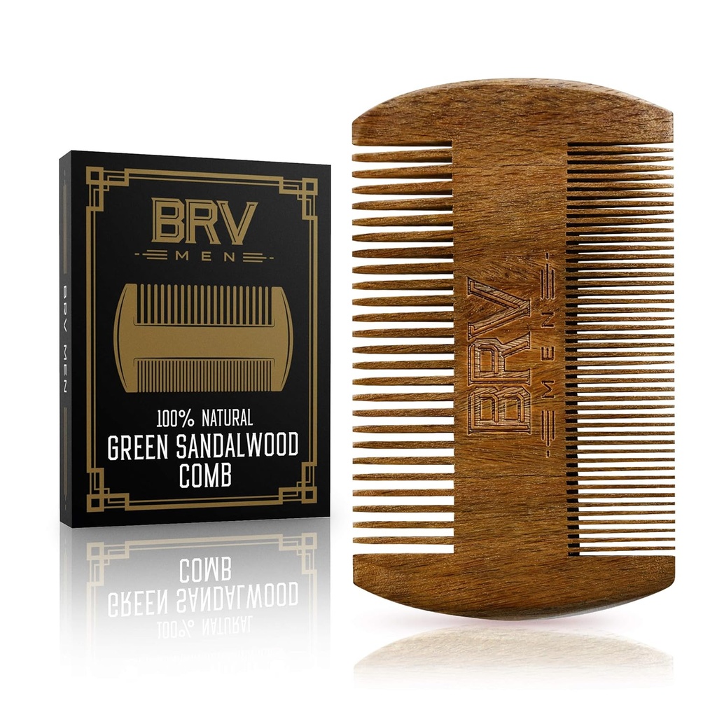 BRV Men Beard & Mustache Comb, 100% Natural Green Sandalewood, Pocket Beard Comb cu carieră, Wooden Beard Comb pentru bărbați pentru toate tipurile și stilurile de păr și barbă