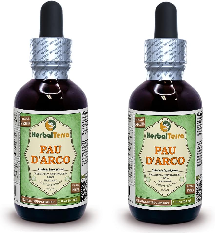 PAU d'arco (Tabebuia Impetiginosa) Glicerite, Extract lichid fără alcool din barcă uscată (Brand Name: HerbalTerra, Proudly Made in USA) 2x2 fl.oz (2x60 ml)