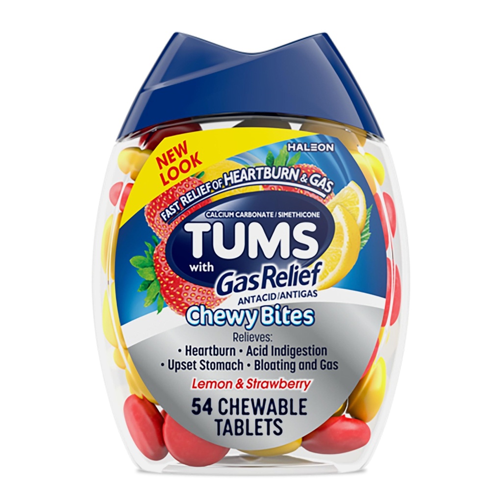 TUMS Chewy Bites Tablete antiacid masticabile cu gaz Relief, Lemon & Strawberry - 54 Conte