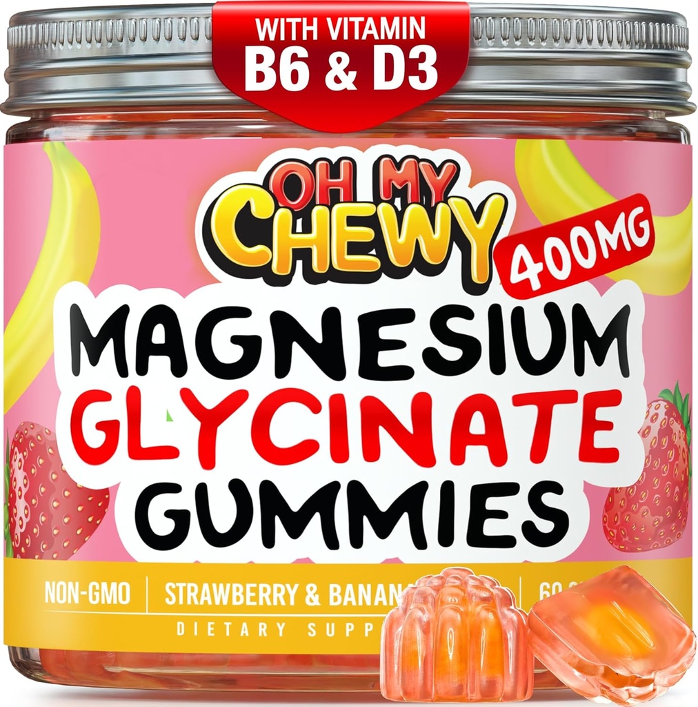 Gume Glicinate de Magneziu cu finisaj central 400MG - Absorbţie ridicată pentru copii, adolescenţi şi adulţi - Supliment pentru somn, relaxare calmă şi musculară cu B6 & D3 - Gluten Free & Vegan Friendly - 120 Conte