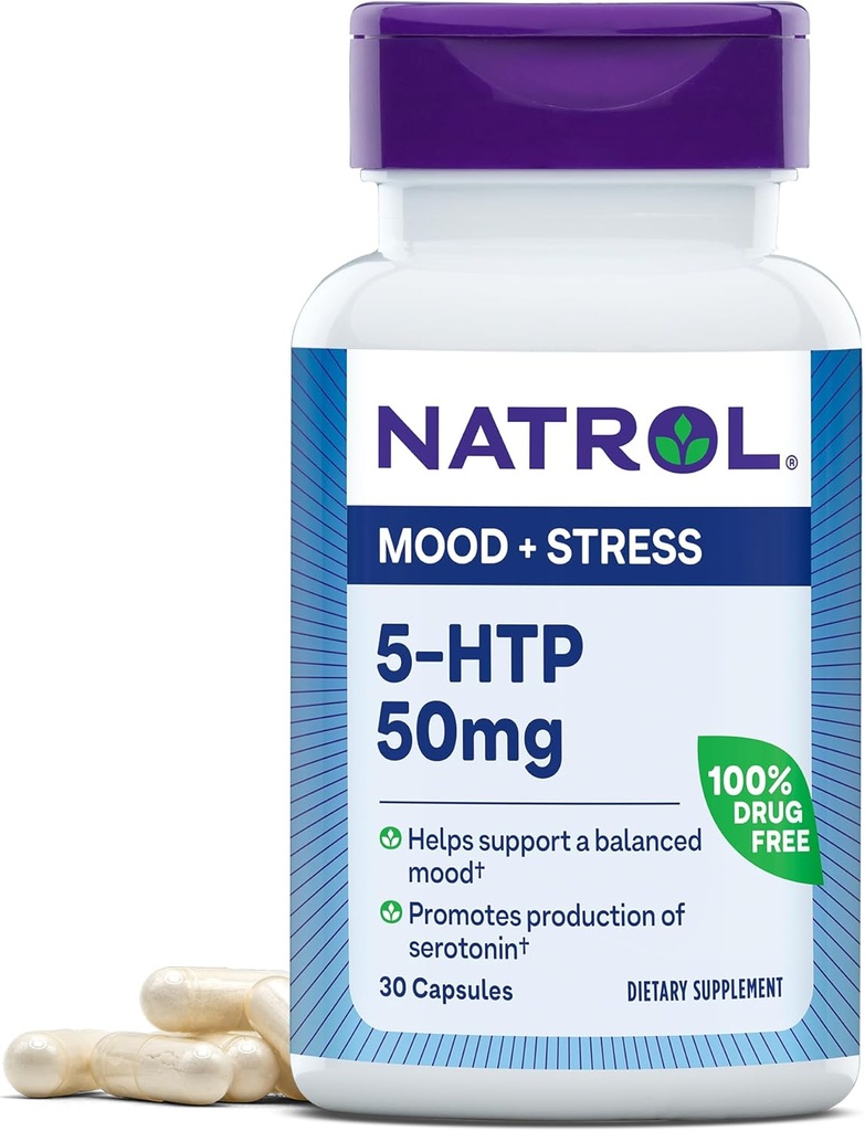 Natrol Mood & Stress 5-HTP 50mg, Supliment alimentar ajută la susținerea unui mod echilibrat, 30 capsule, 7-30 zile de aprovizionare