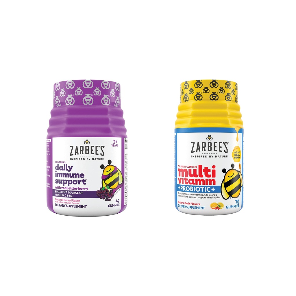 Zarbee's Kids Daily Immune Support & Kids Multivitamine + Probiotic Multipack, Immune Support Gummies with Elderberry, Vitamina C & Zinc, 42 ct, & Vitamine pentru copii + Probiotic Gummies, 70 ct, 2 elemente