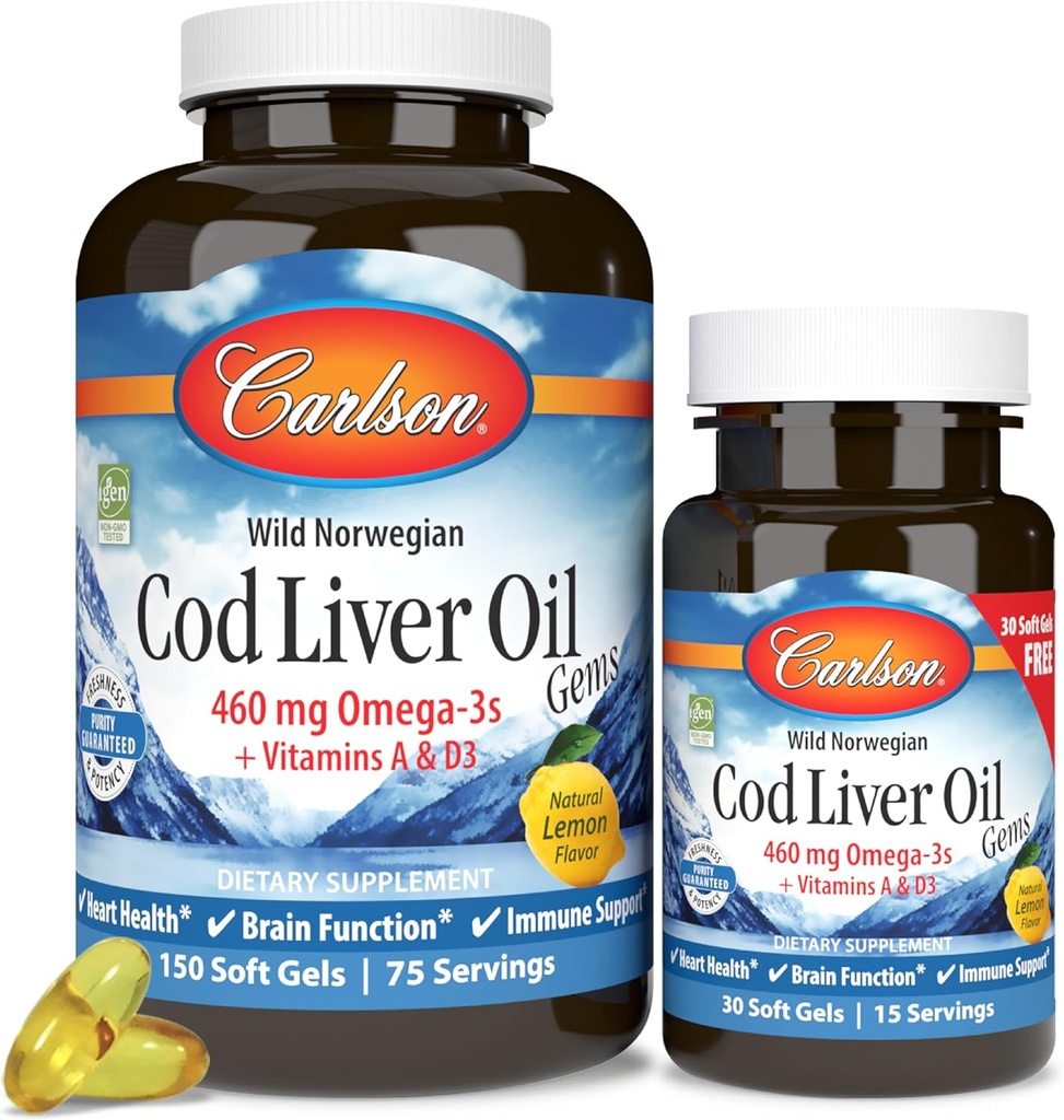Carlson - Cod Oil Oil Gems, 460 mg Omega-3s + Vitamine A & D3, ulei de ficat de cod arctic, capsule nordice de ulei de pește, Lemon, 180 Softgels