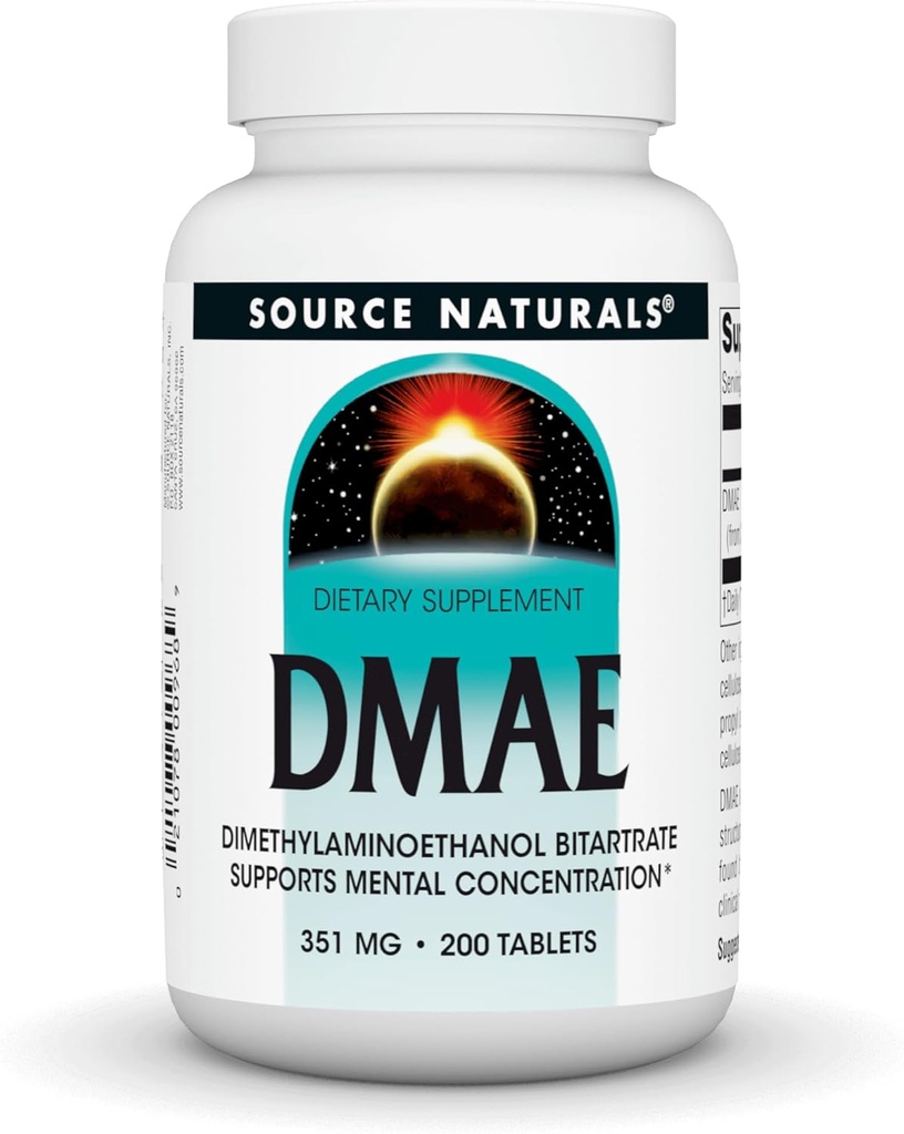 Sursa Naturals DMAE, Dimetilaminoetanol bitartrat - Suportă concentrația mentală - 200 Comprimate