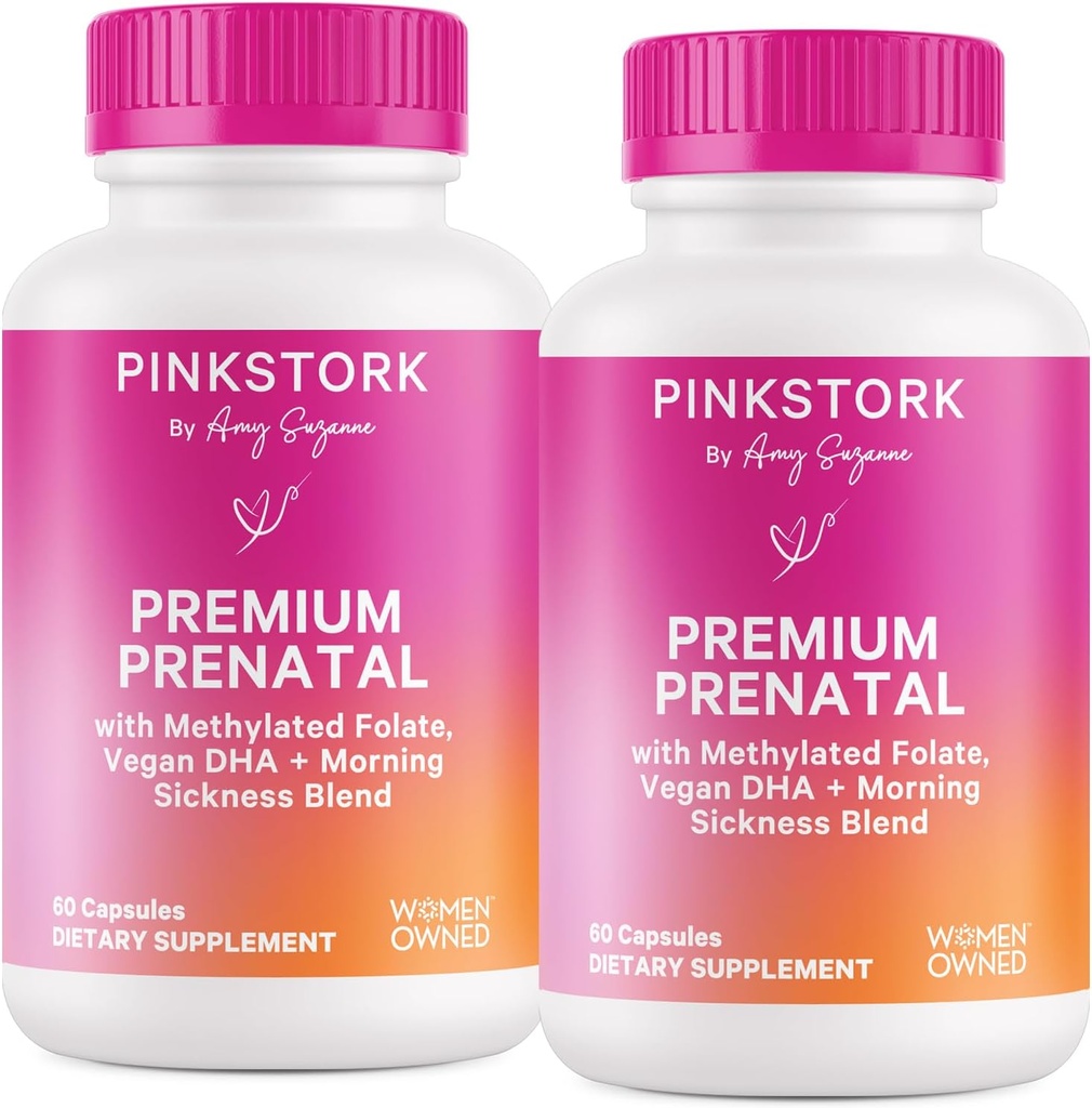 Vitamina prenatală Pink Stork Premium pentru femei - Multivitamine & Probiotice - Boala de dimineață, Digestia, & Energie - Folate, B6, & Fier - 60 Capsule - 2 Pack