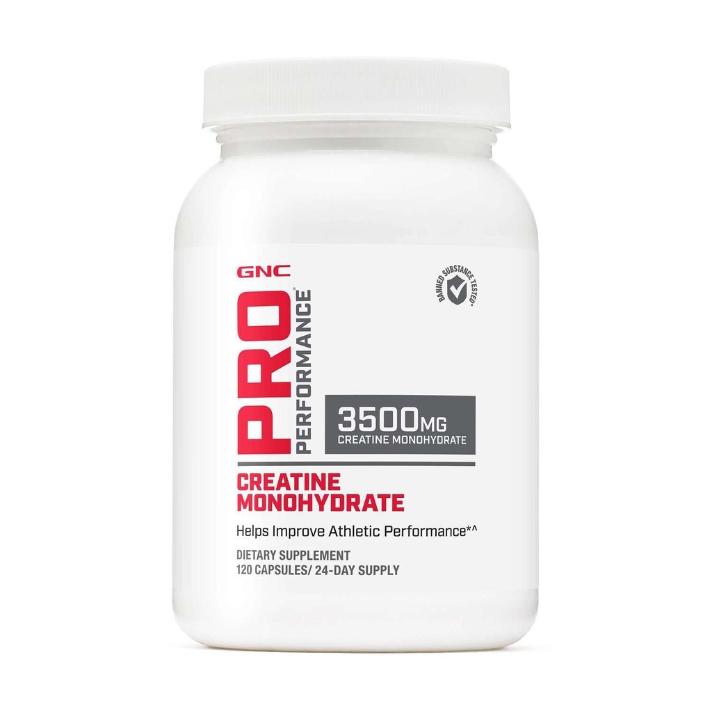 GNC Pro Performanță Creatină Monohidrat 3,5g Supliment, Îmbunătățește Clădirea musculară, Rezistență și performanță, 120 Capsule, 24 Serviri