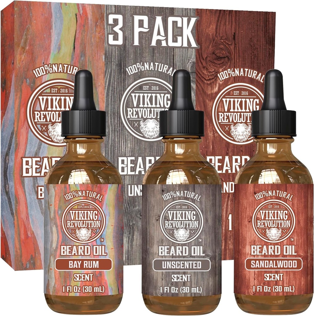 Viking Revolution Beard Oil for Men 3 Pack - Natural Mens Beard Oil Variety Set 2 - Sandalwood, Nescented and Bay Rum Scents - Barbă condiţionată şi hidratare pentru o barbă sănătoasă (3 Pack, 1oz)