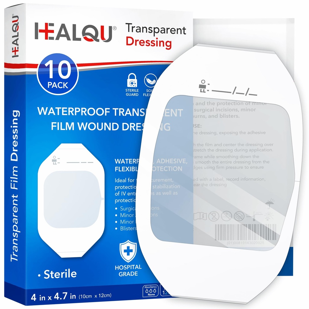 Film transparent dressing 4" x 4.75" (10 Pachet) - Bandaje adezive pentru duș post-chirurgical, IV Shield, Tatuaj Aftercare, Petice respirabile clare de HEALQU