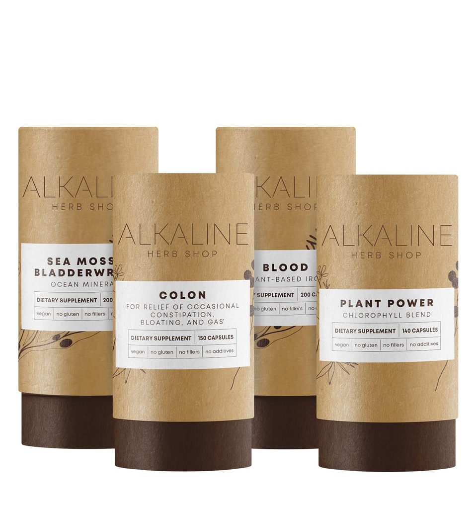 Alkaline Herb Shop Mild Detox Bundle - Sea Moss & Bladderwrack, Plant Power (Clorofill), Blood (Iron) și Colon (Happy Colon)