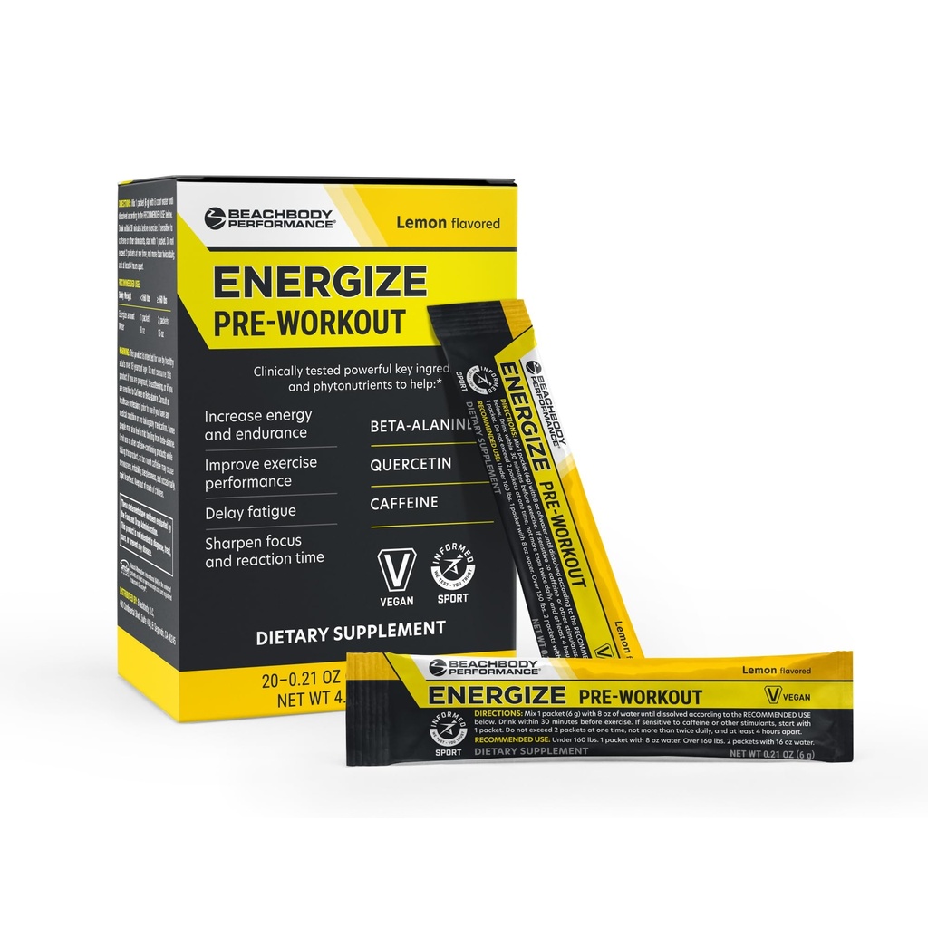 BODi Energize Pre Workout Powder - Beta-Alanină, Querbetin & Low-Dose Cafeina Formula pentru Enhanced Energy & Focus, Creșterea energiei & Suplimentul de rezistenta, Aroma de lamaie, 20 Sticks