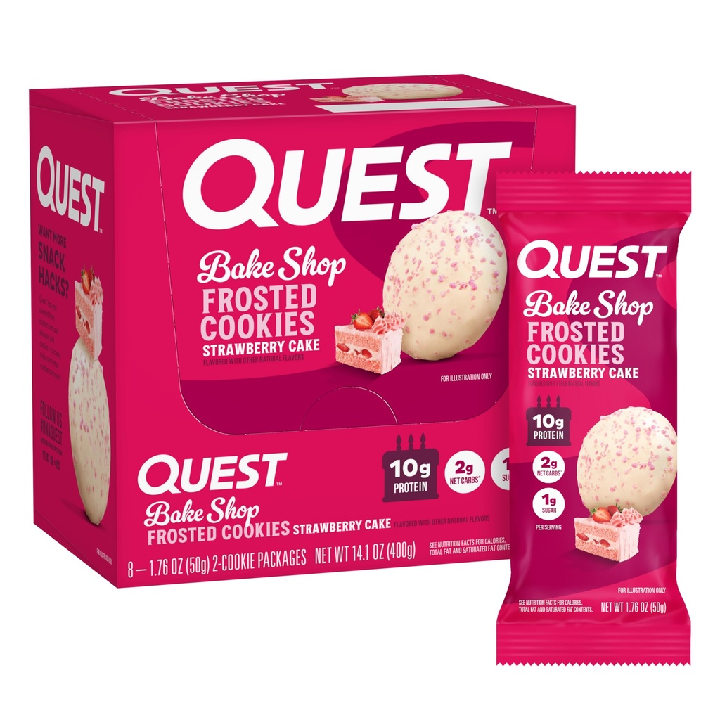 Quest Nutriție cookie-uri Frosted Twin Pack, Căpșuni tort, 1g zahăr, 10g proteine, 2g carbohidrați nete, Gluten gratuit, 16 cookie-uri