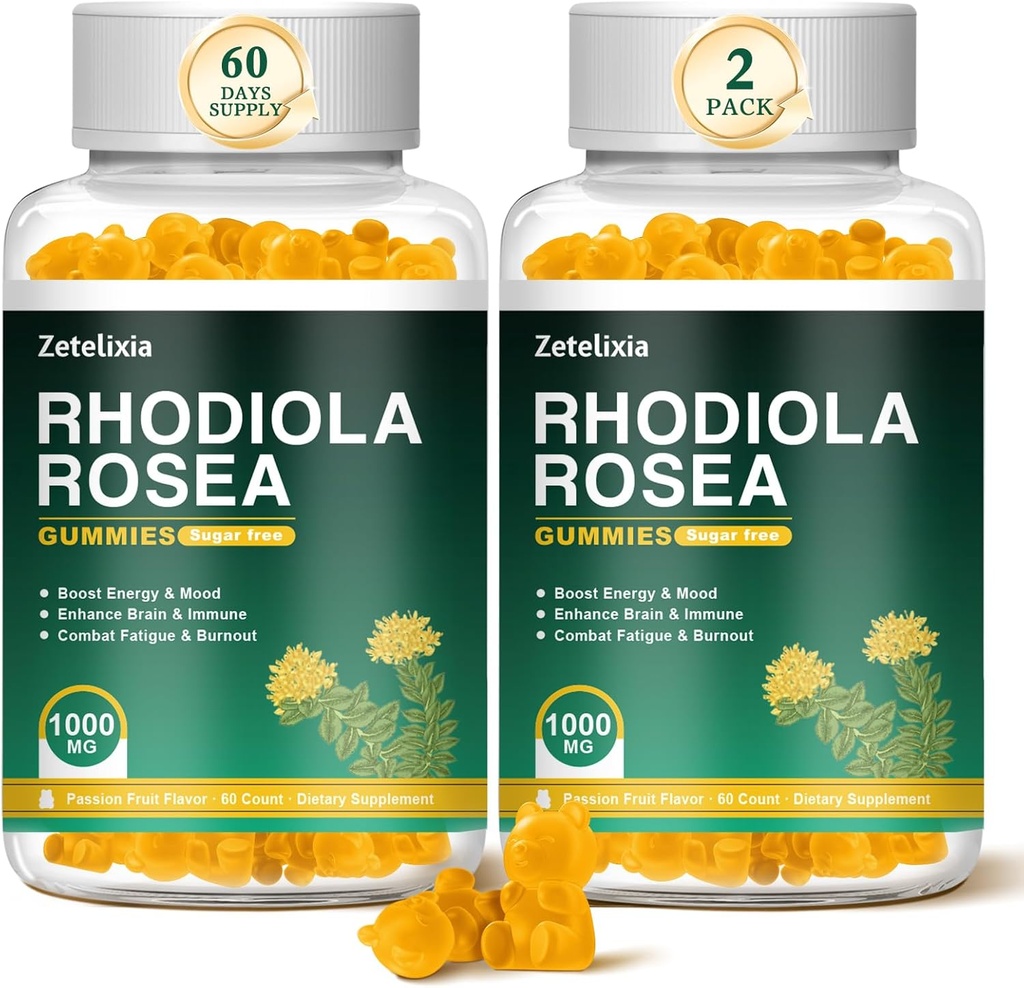 2 Pack Sugar-Free Rhodiola Rosea Gummies 1000mg, Rhodiola Rosea Supliment pentru Femei & Barbati, Suport Rezistenta, Mood & Energy, Non-GMO, Vegan, 120 Conte
