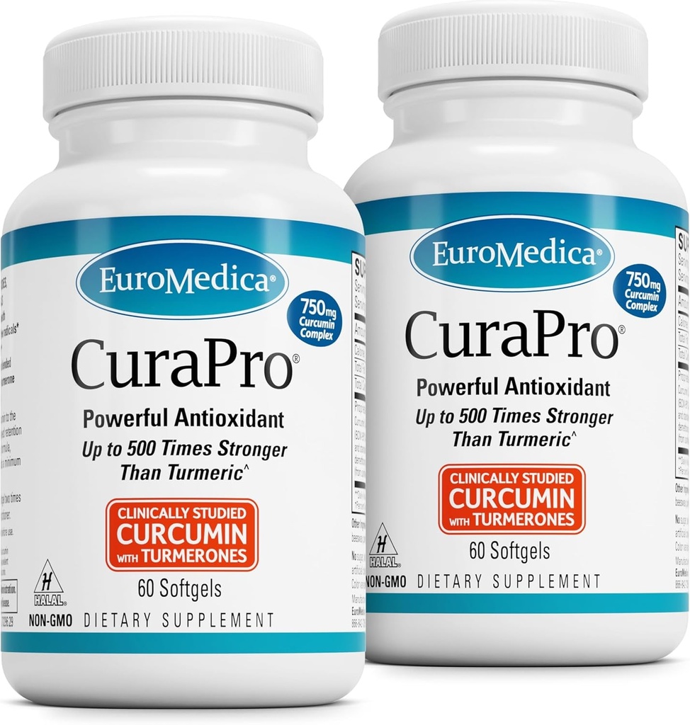 EuroMedica CuraPro - Supliment antioxidant pentru Brain & Immune Health Supplement - Supliment alimentar cu Curcumin & Turmeric Ulei Essential - Suport Ficat Herbal - 60 Softgels, 2 Pack (120 Softgels)