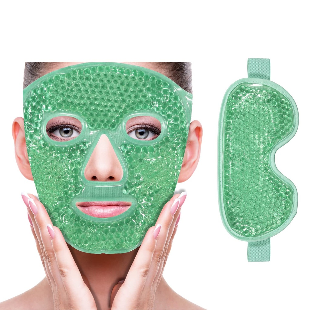 ZNÖCUETÖD Cooling Ice Face Eye Mask for Reducting Puffiness, Bags under Eyes,Sinus,Redness,Pain Relief,Dark Circles, Migrene,Hot/Cold Pack with Soft Plush Backing(Green(1* Eye Mask+1*Face Mask)))