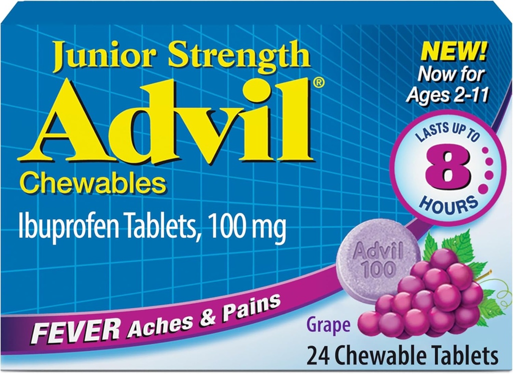 Advil Junior puterea Chemable Ibuprofen durere Relieiver și Reductor de febră, Ibuprofen pentru copii pentru ameliorarea durerii, struguri - 24 comprimate