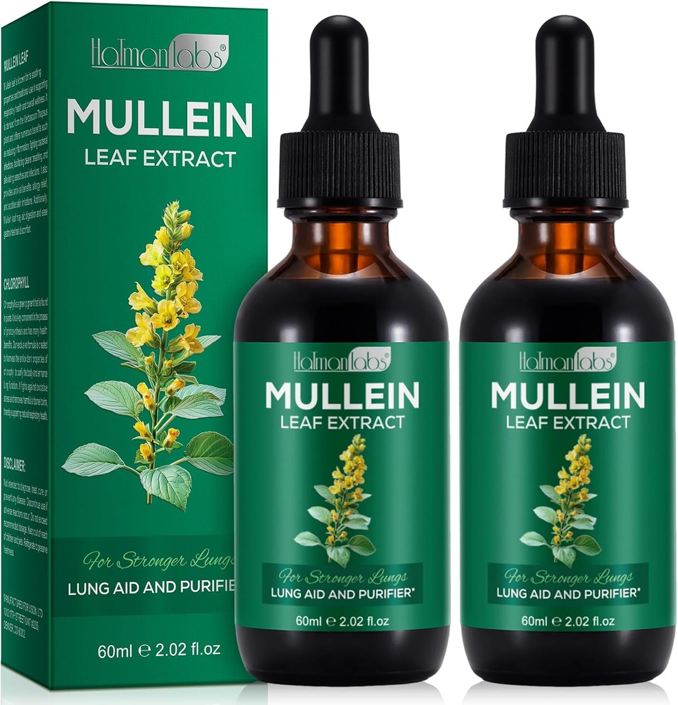 2 Pachet Mullein picături pentru plămâni, Suplimente naturale Mullein Herbal, Extract de frunze Mullein pentru Lung Curățenie și asistență respiratorie, 2.02 fl oz
