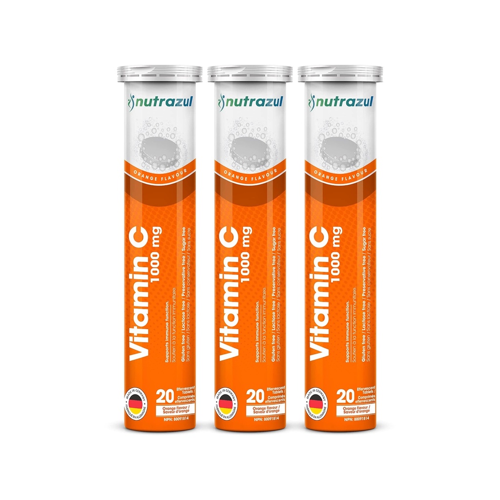 nutrazul Vitamina C 1000mg Efervescent Tablete, VIT C Supliment pentru a ajuta la mentinerea functiei imune, Gluten-Free, Lactoză-Free, Zahar-Free, Conservativ-Free, Orange Flavor, 20 Conte, Pachet de 3