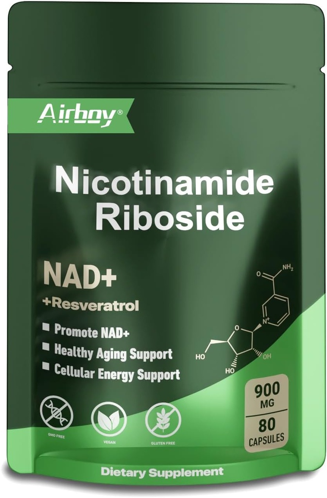 Airboy NAD Supliment cu Nicotinamidă Ribozide Resveratrol & Querbetin 900 mg, NMNH Alternative pentru bărbați și femei Suport Anti-Aging, Energie, Focus - 80 capsule