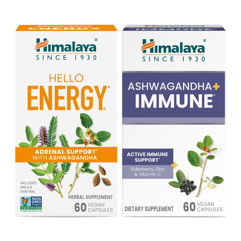 Himalaya Hello Energy cu Ashwagandha pentru suport adrenal & Daily Energy și & Ashwagandha + Imun cu vitamina C pentru suport imunitar activ, 60 capsule fiecare - Bundle