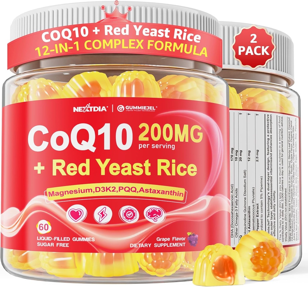 CoQ10 Gummies pentru adulţi - Sugar Free CoQ10 100mg/ 200mg w/ Magneziu, Ashwagandha, Vitamine de metil B9, B12, B6, Black Pepper, Supliment de înaltă absorbţie CoQ10 - Energie, Antioxidant, Relaxare & Bone,2Pack