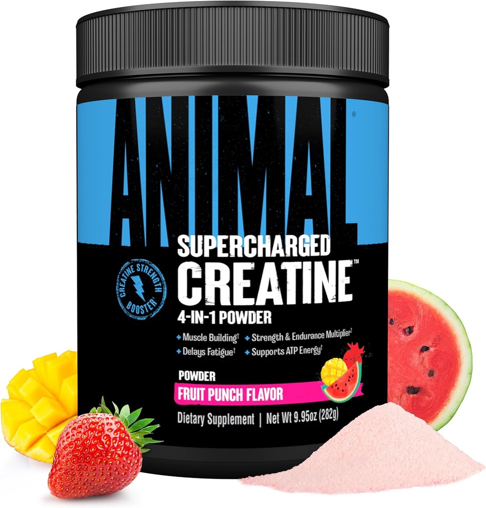 Animal Supercharged Creatina pulbere - arvored Creatina Monohidrat imbunatatit cu Betaina Anhidros, PurpleForce & Senactiv, Putere, Rezistenta, Recuperare musculara pentru barbati si femei Punch de fructe, 300g