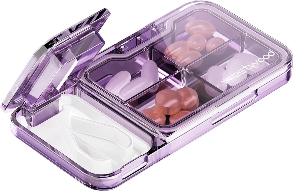 MURRI&MURRDI Pill Organizator cu Pilula Splitter Pilula Cutter, Pilula cutie Cutter pentru pastile mici sau mari, medicament mic Case Vitamina Dispenser Holder, Portable Pill Crusher pentru Purse Pocket (C Purple)
