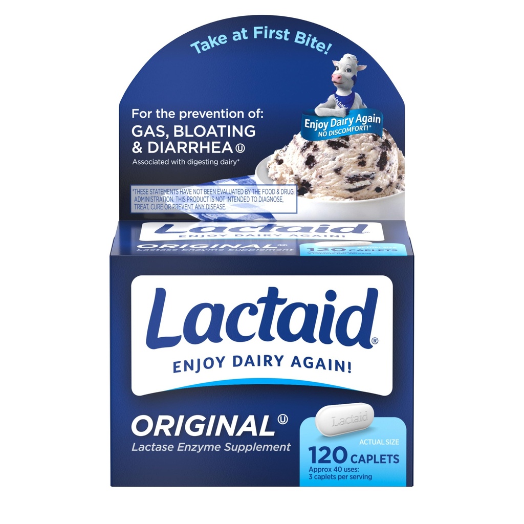 Lactaid Intoleranta la lactoză pastile, 9000 FCC Natural Lactase Enzyme Dairy Relief Caplets, ajută la prevenirea gazelor, balonare și diaree Datorită sensibilităţii la lactoză la adulți și copii, 120 Conte