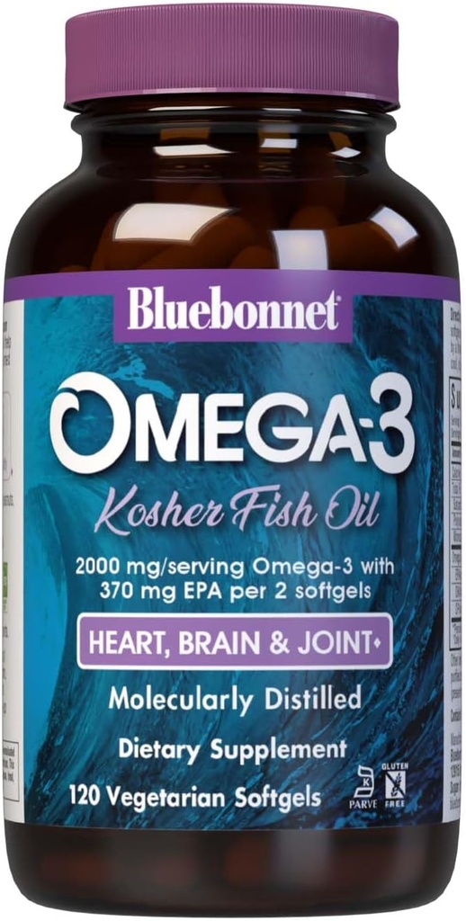 Bluebonnet Nutrition Omega-3 Kosher Fish Oil, Natural Trigliceride Form, Gluten-Free, Dairy-Free, Kosher Certified, Non-GMO, 3rd Party Testat, Molecular Distilated, 120 Vegetarian Softgel, 60 Serving