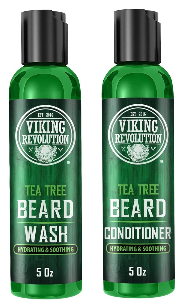 Viking Revolution Tea Tree Wash and Balsam Set pentru barbati - Beard Natural Softener cu ulei de argan, vitamina E si ginseng (5 Oz)