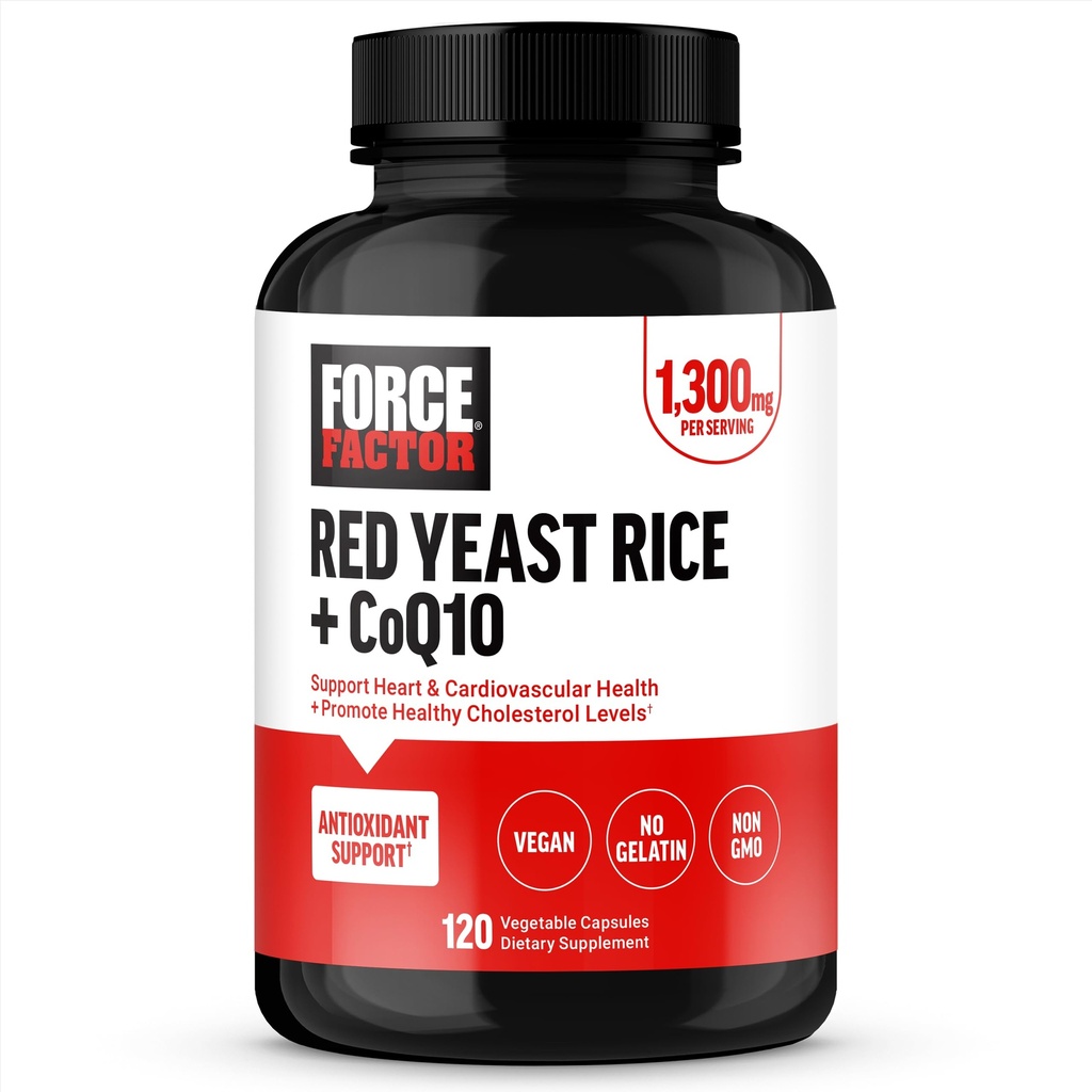Force FACTOR Red Yeast Rice + CoQ10 Supliment pentru suport antioxidant, non-GMO, Vegan-Prieten, calitate premium, 120 capsule